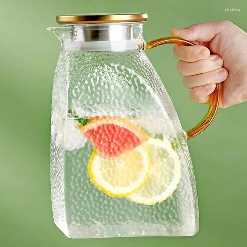 Flacons de hanche 1500 ml pichets d'eau en verre froid pot transparent résistant à la chaleur avec poignée bouilloire de réfrigérateur de grande capacité