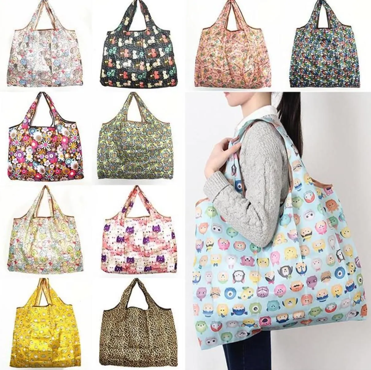 Nouveaux sacs de courses pliables en Nylon imperméables, sac de rangement réutilisable, sacs de courses écologiques, fourre-tout de grande capacité, vente en gros