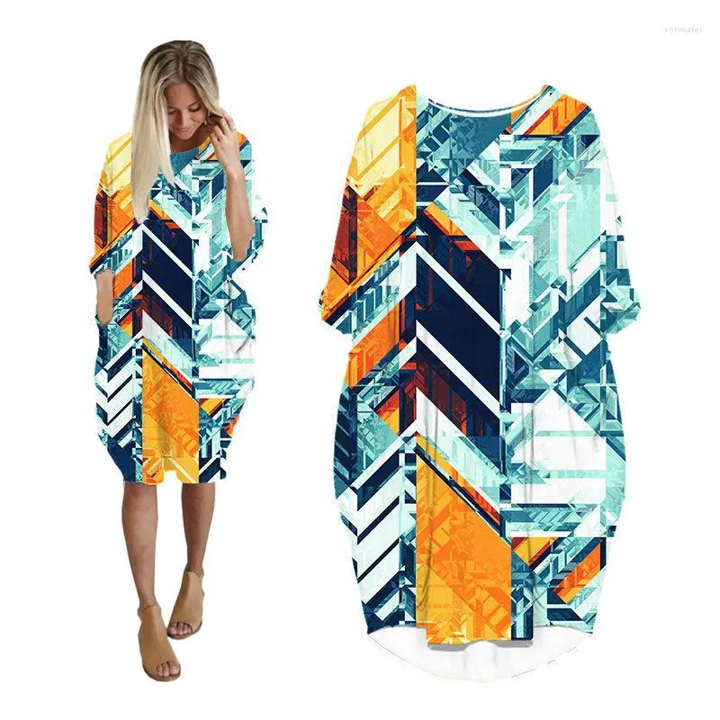 Casual Jurken Plus Size Midi Voor Vrouwen 2023 Kleding Lange Mouw Dameskleding Zomer Vrouwelijke Jurk Print Abstract Geometrisch BK