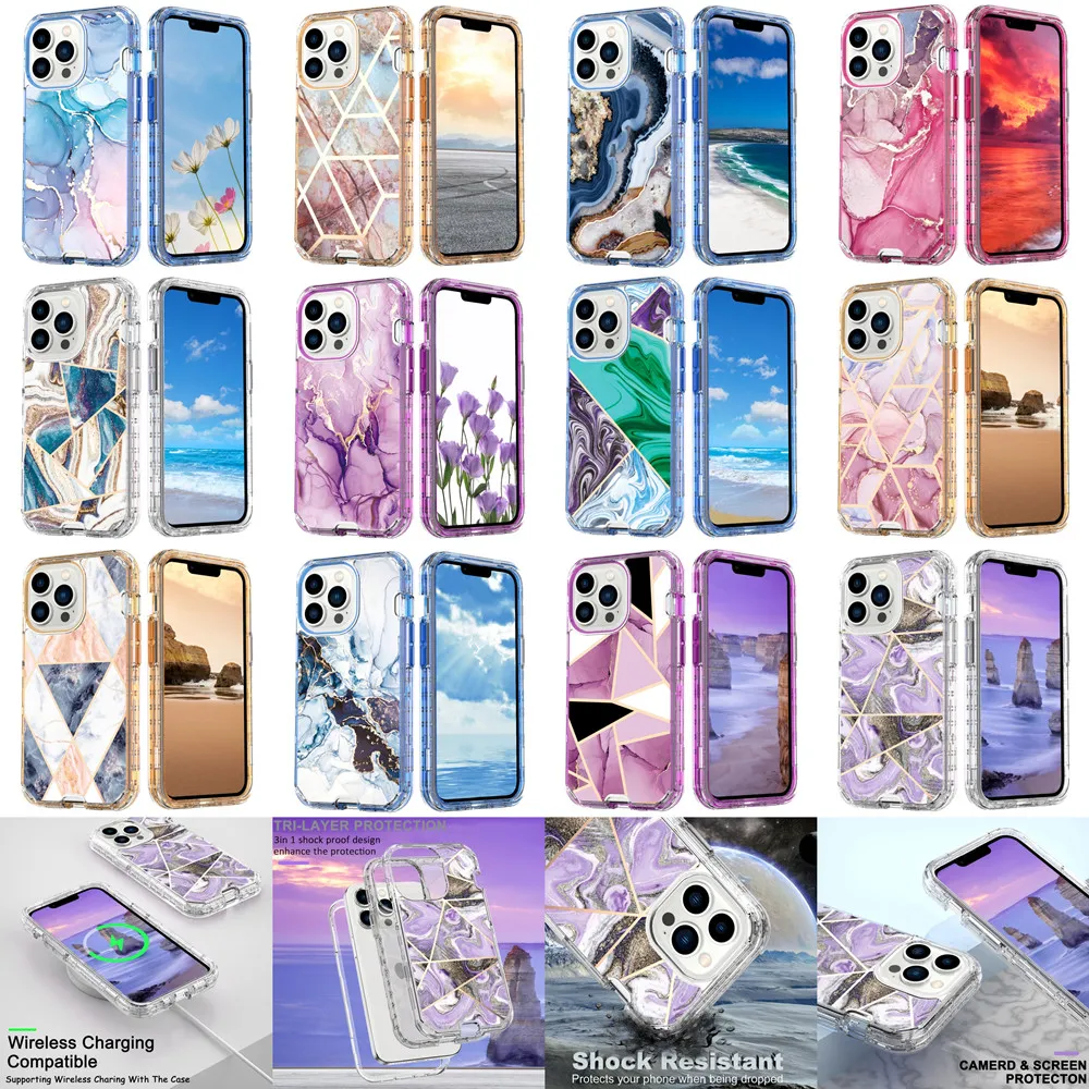 3 в 1 Shock -Reseact Protection Phone Case для iPhone 15 Pro Max 14 13pro  12 11 Pro XS xr, покрытый мраморной броней.