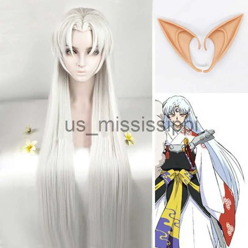 Pelucas de cosplay 39in 100 cm de largo Inuyasha Sesshomaru peluca con orejas Cosplay resistente al calor pelo sintético plateado Peruca peluca Cap x0901