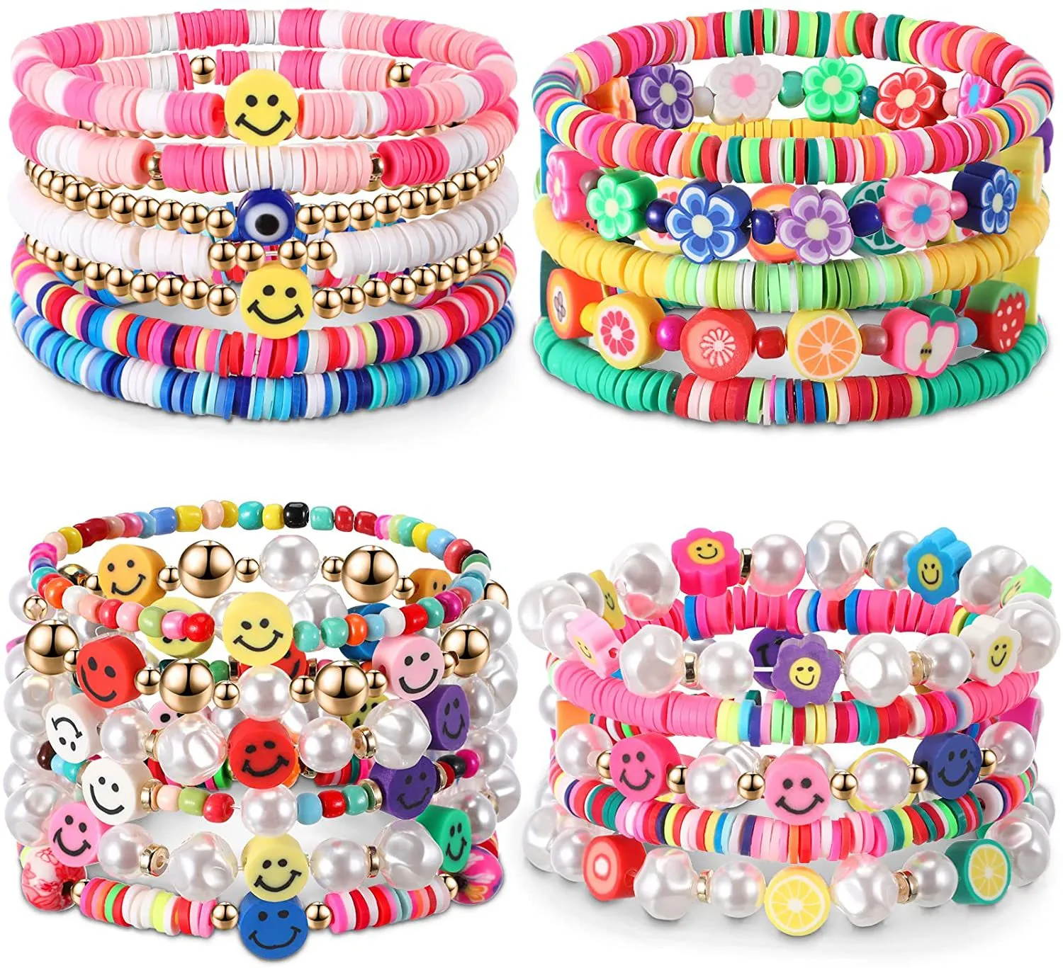 Strand Beaded Colorful Clay Fruit Smiling Face Beaded Bracelet Soft Ceramic Elastic Bracelets Set