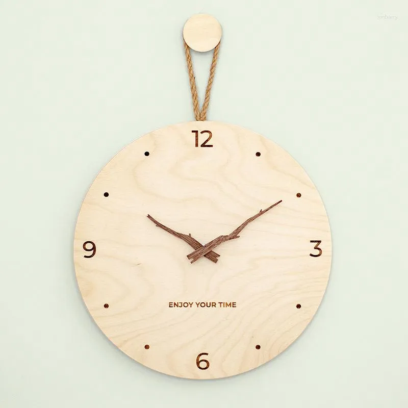 Relojes de pared Reloj de cuerda de madera minimalista nórdico, reloj colgante creativo, cuarzo silencioso, decoración para el hogar, sala de estar y oficina