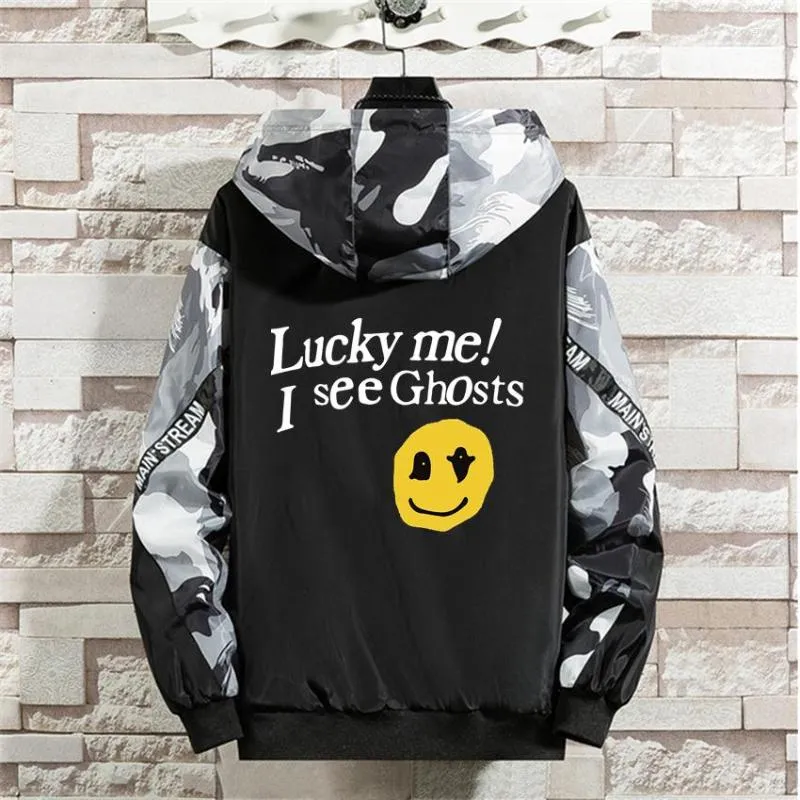 Giubbotti da uomo Lucky Me I See Ghosts Moda uomo Hip Hop Bomber con cappuccio Cappotto Harajuku Outwear Maschile Streetwear Giacca a vento