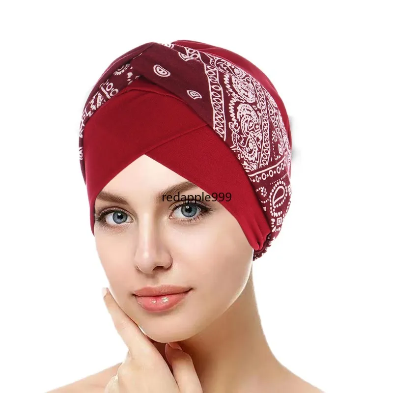 Fronte Croce Turbante Donna Interno Cappello Hijab Musulmano Stampa Foulard Berretti Cofano Cancro Chemio Cap Perdita di capelli Wrap Turbante