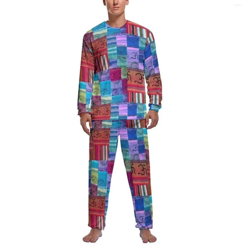 Pyjama imprimé Patchwork pour hommes, vêtements de nuit, Design Vintage, manches longues, Cool, ensemble 2 pièces, chambre à coucher, idée cadeau de printemps