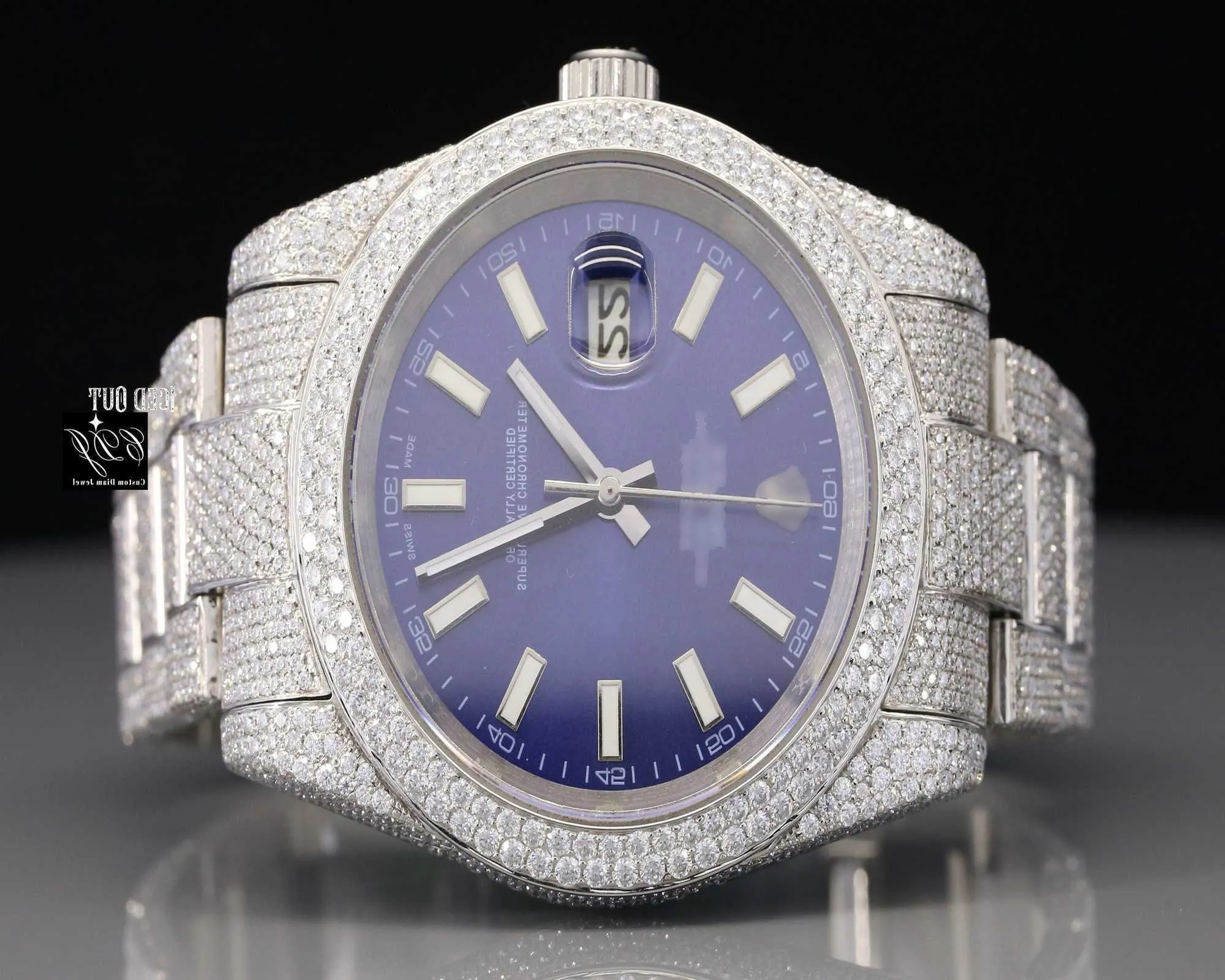 G8lx elegante personalizado hip hop luxo dign mostrador azul manchas aço gelado moissanite diamantes relógio de alta qualidade rapper jóiaswec121o84u6g