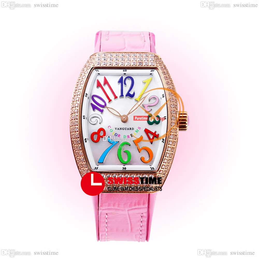 ABF V32 Vanguard Color Dream Reloj cronógrafo de cuarzo suizo para mujer Diamantes para mujer Oro rosa Esfera MOP Número grande Cuero rosa Caucho Super edición Lady Swisstime L12