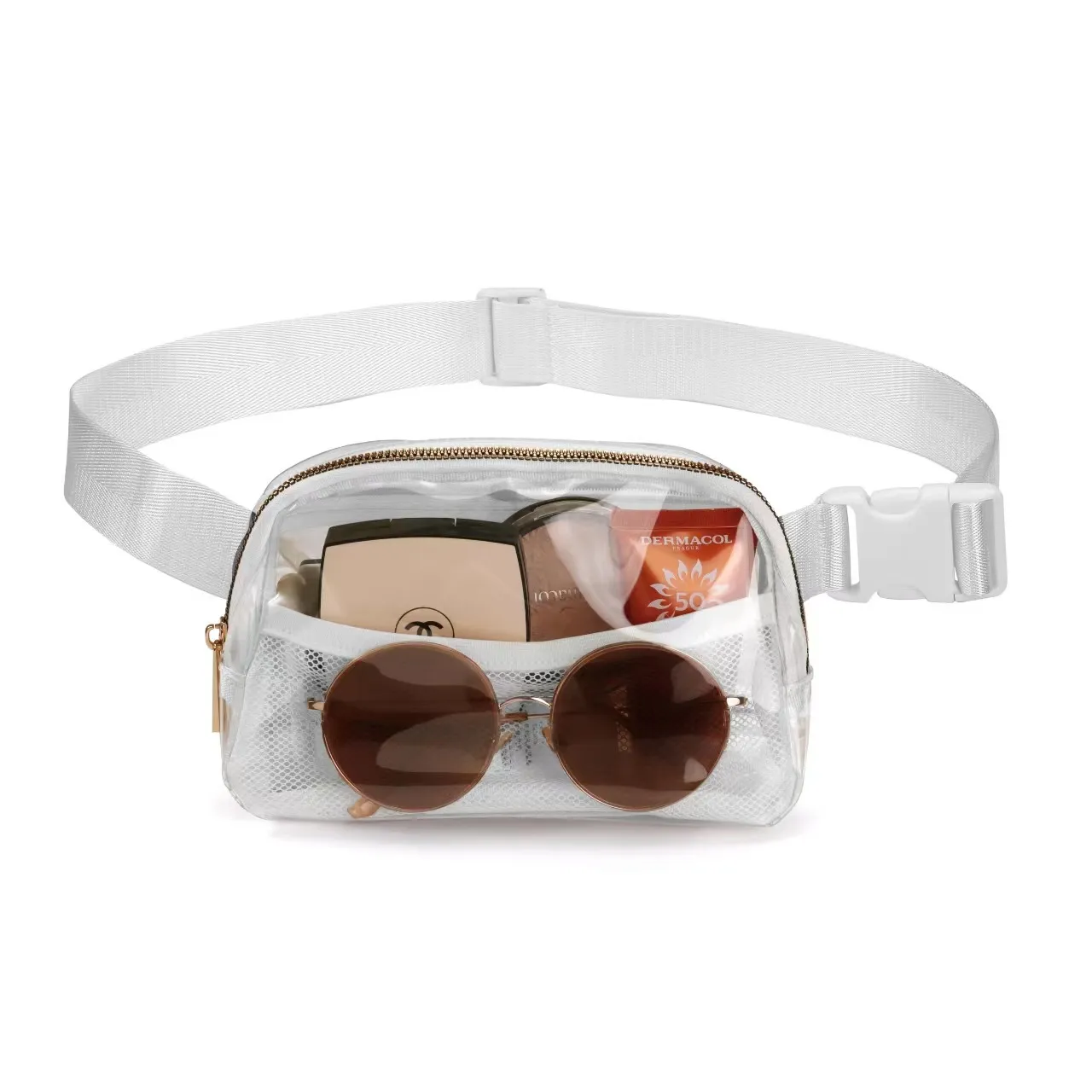 Fashionable Clear Fanny Pack Transparenta Belt Påsar Midjepaket Vattentät klar midjeväska för sport Bär alla telefonväggar Clear Belt Bag ingen logotyp