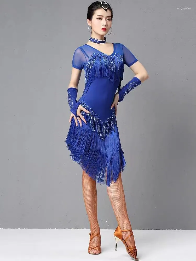 Robe latine à manches courtes pour femmes, tenue de scène, Costume Samba, robes de soirée en maille transparente, franges extensibles, danse, salle de bal