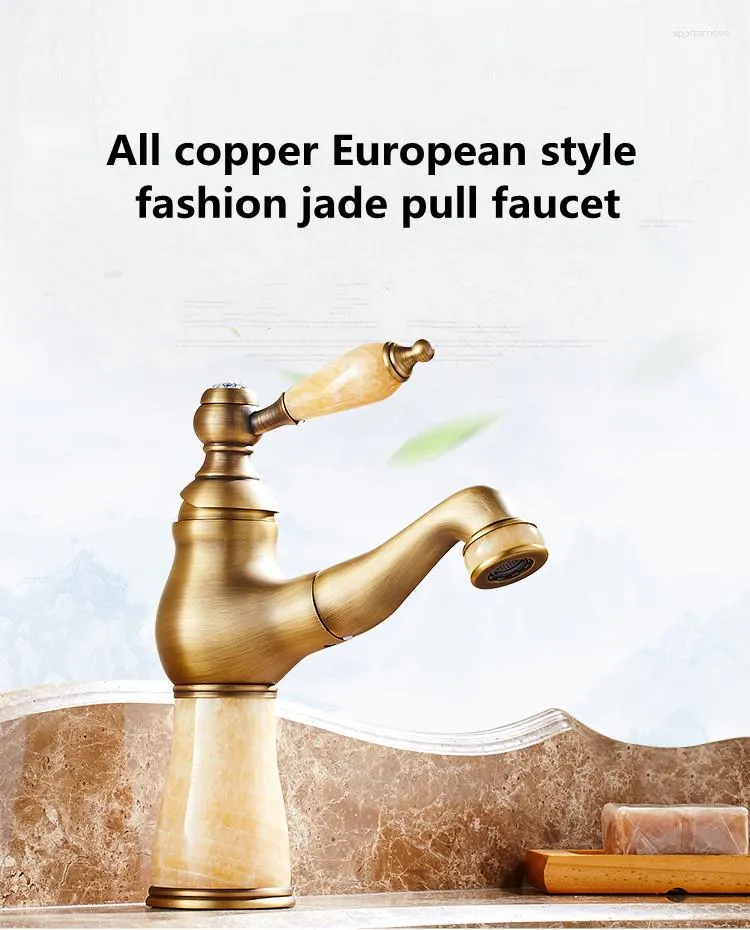 Bathroom Sink Faucets European Style All-Copper Antique Jade Pull-Out And Cold Basin Faucet