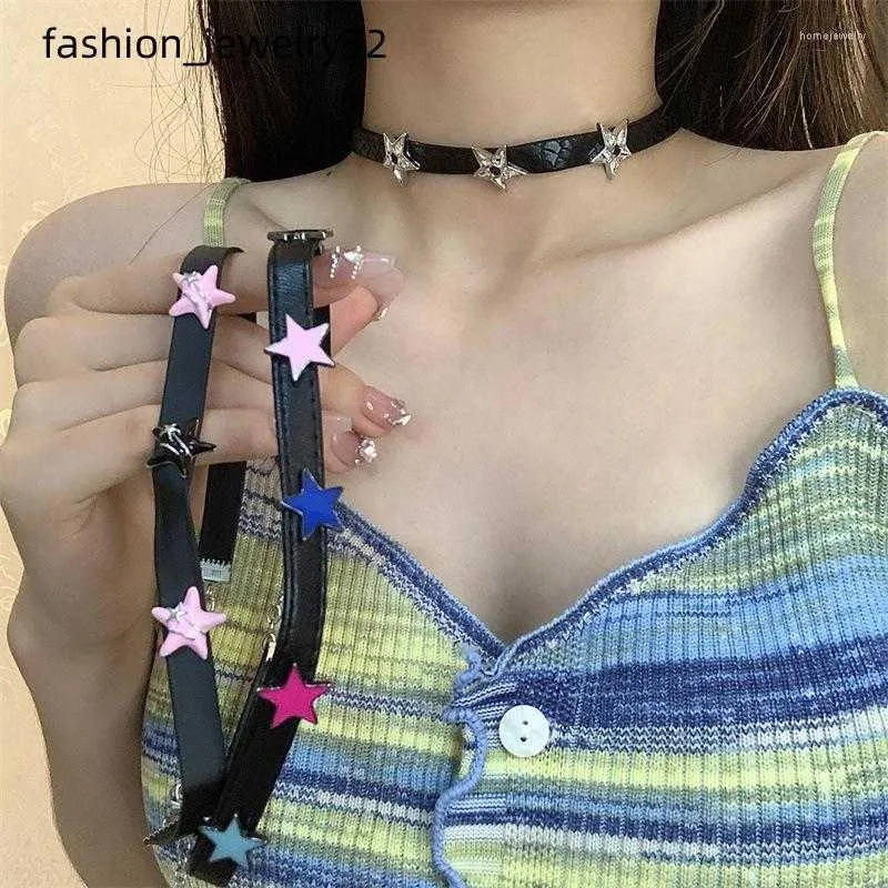 Choker Harajuku Y2K Zoete Steentjes Ster Kleurrijke Pentagram Ketting Zwart Lederen Kettingen Voor Vrouwen Esthetische Sieraden