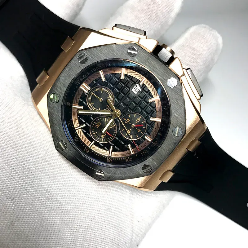 2023 Reloj Royal Caja de oro rosa para hombre Esfera blanca Movimiento de barrido mecánico automático 44 mm Cristal de zafiro Todas las subesferas Reloj AAA de roble en funcionamiento