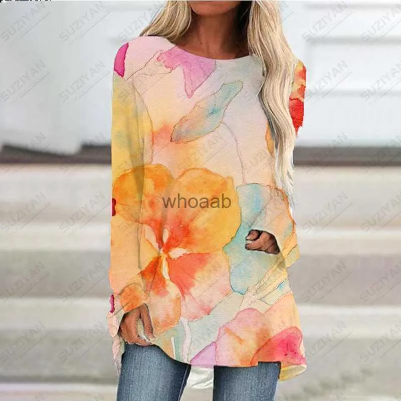 Spring/Summer Casual Women's Beautiful Plus Size 3D Printed Long Sleeve Long T-shirt Women's Fashion Hawaiian Flower Short Skirt HKD2309011