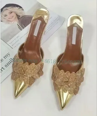 Sandalen Luxe Gouden Bloemen Puntschoen Sexy Slippers Vrouwen Lederen Stiletto Hoge Hak Sandalen Avond Dame Kristallen Schoenen 230831