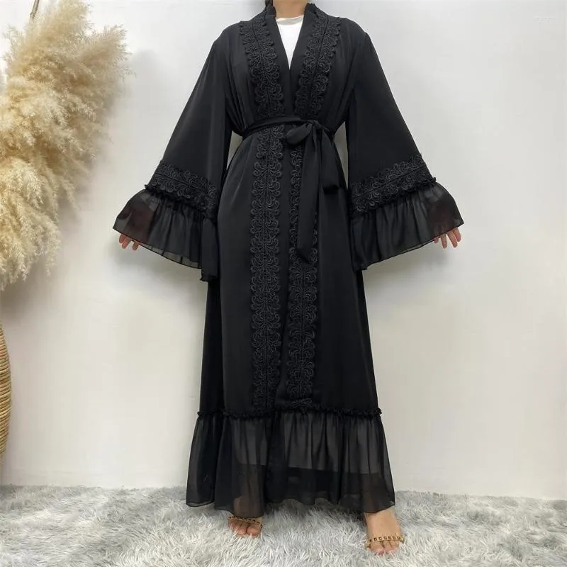 Abbigliamento etnico Djellaba Caftano Abaya Abito musulmano Donna Dubai Manica svasata a tutta lunghezza Ricamo in pizzo Modesto Abito islamico con cintura Turchia