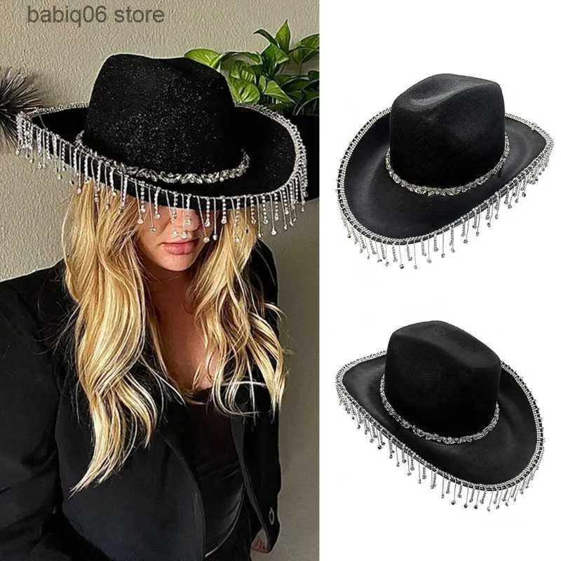 Chapéus de aba larga Bucket Chapéus Noiva Cowboys Chapéu Borla Cowboys Chapéu Strass Borla Chapéu Chapéu de despedida de solteira para festa nupcial Tassel Cowgirl Hat T230731