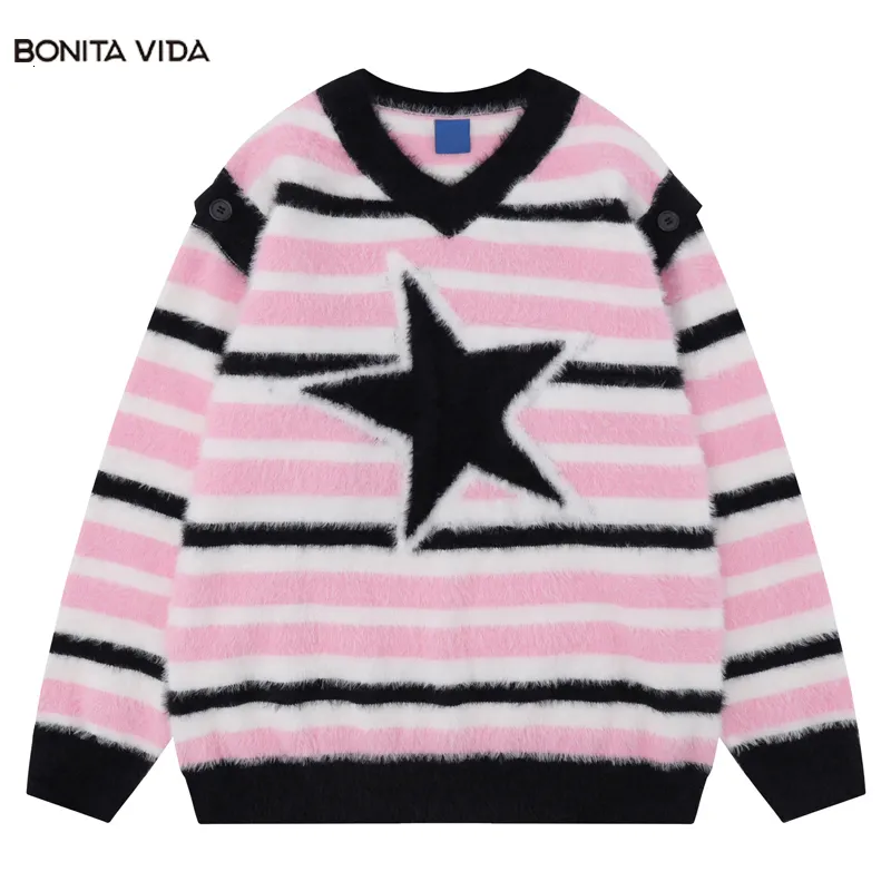 Suéter dos homens Harajuku Estrela Destacável Manga Camisola Homens Outono Streetwear Hip Hop Malha Fluffy Fuzzy Stripe Jumper Pulôver Casual 230831