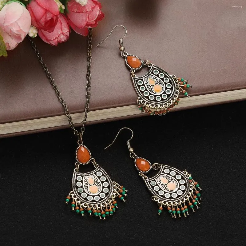 Hanger Kettingen Boheemse Oranje Kralen Kwastje Oorbel Set Voor Vrouwen Meisjes Vintage Geometrische Oorbellen Accessoires Cadeau Bruiloft Sieraden