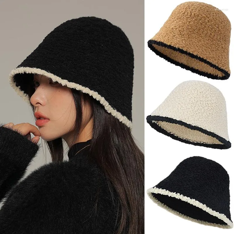 Beralar Sonbahar Kış Örme Peluş Kova Şapkaları Kadınlar için Sıcak Kuzu Polar Dome Panama Panama Moda Kontrast Renk Balıkçı Şapkası