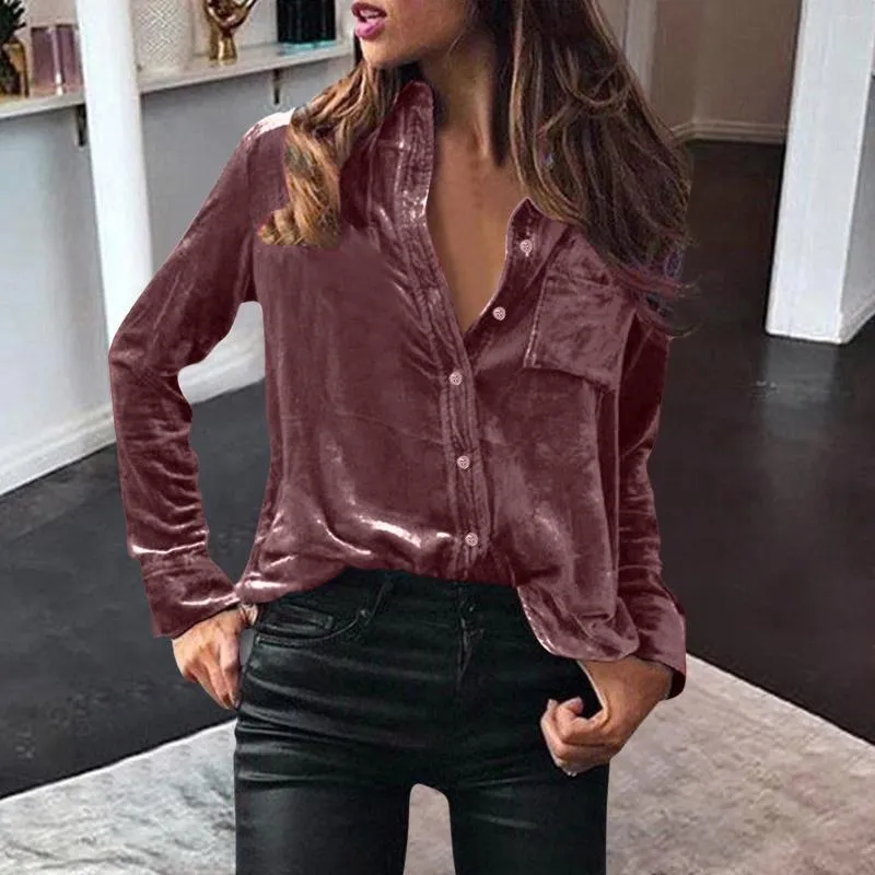 Women's Blouses Women Elegant Velvet Blouse Casual Solid Solor Tops Long Sleeve Loose Fit Shirt With Button Business Warm Clothes Blusas