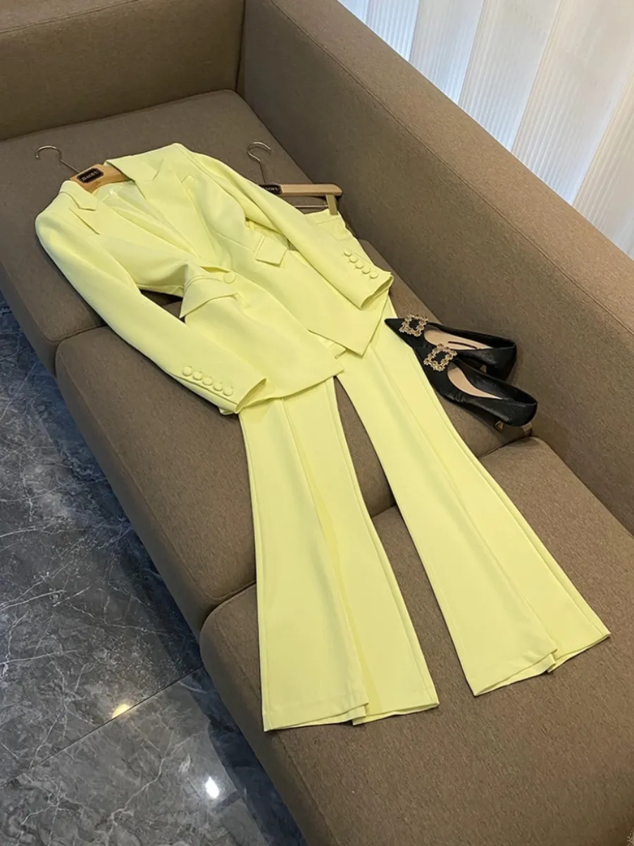 2023 Autumn Lemon Yellow Solid Color Two Piece Pants Sets Long Sleeve Notched-Lapel Single-Breasted Blazers Top & Flare Trousers Pants Suits Set 2 Piece Suits O3G302241
