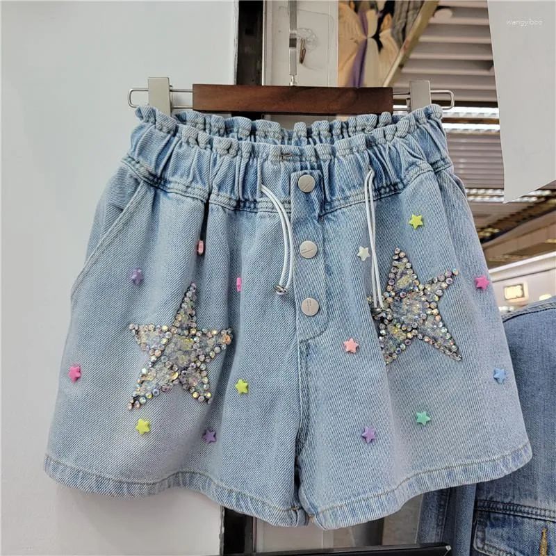 Calças de brim femininas 2023 verão calças curtas indústria pesada diamantes grânulo de perna larga denim shorts moda feminina jean meninas