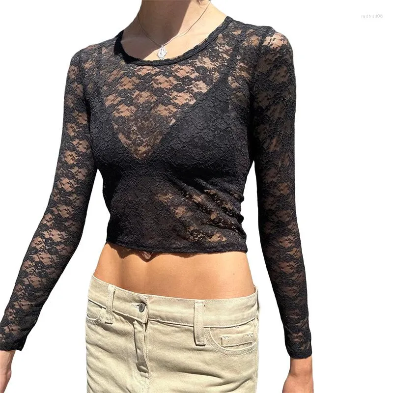 Blusas femininas Mulheres Floral Lace Crop Tops Verão Outono Manga Longa Pescoço Transparente Oco Slim Fit Camisa Blusa Praia Streetwear