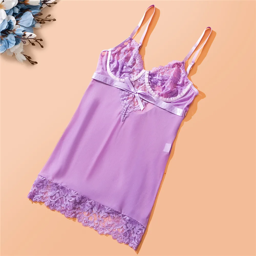 Womens Sexy Lace Satin Silk Shelf Bra Pajama Set Erotic Sleepwear