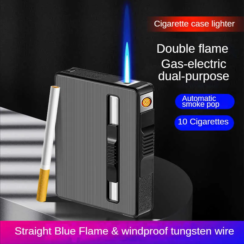 Encendedor multifuncional a prueba de viento con cable de tungsteno, carga USB, expulsa automáticamente el cigarrillo, llama azul azabache, butano, sin Gas, GF3V