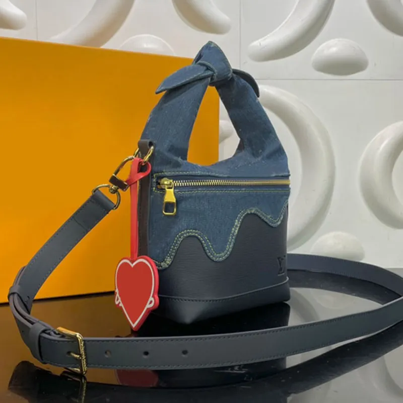 Denim Bucket Bag Knot Handle Tote Bag Women Crossbody Bags Shoulder Bags Purse Top Mirror Quality Handbag Cowhide Leather Zipper Heart Shaped Label Golden Hardware