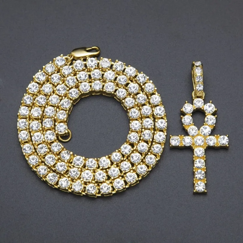 Męski łańcuch Egipski Klucz Key Wisiant Naszyjnik Hip Hip Biżuteria Rhinestones Crystal Cuban Link Gold Chains