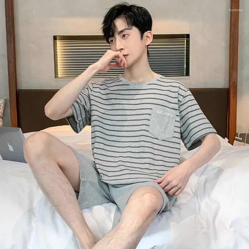 Men's Sleepwear Short Pants Sleeve Tops Pajama Set Men Summer Full Pure Cotton Pajamas Home Suit Mens Loose Nightwear 2pcs/set