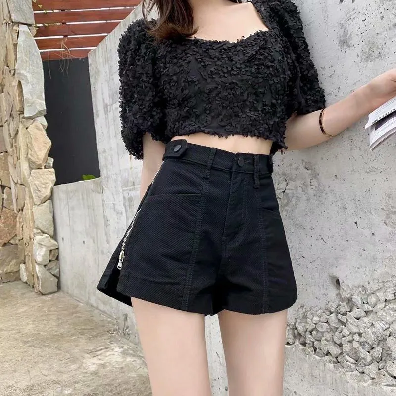Dżinsowe dżinsy kobiety Fall Summer Y2K Shorts Koreańskie wysokie pucha luźne zewnętrzne zużycie szerokopasmowa dżinsowa kobieta zamek błyskawiczny