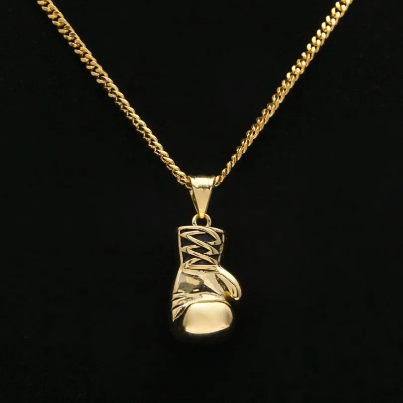 Collier Hip Hop pour hommes, bijoux, gants de boxe en acier inoxydable, pendentif avec chaîne cubaine en or de 60cm