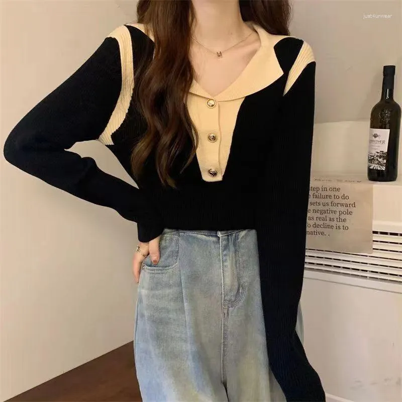 Polos de mujer sueter de punto de otono invierno Tops elegantes ajustados con cuello tipo Polo camisa de fondo grueso de nicho ropa interior