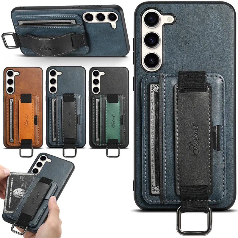 Handledsband lädertelefonfodral för iPhone 15 14 plus 13 12 Pro Max Samsung Galaxy S23 S22 Ultra Google Pixel 7 7a 7pro 6 6a 6pro Sony Xperia 1 10 Slim Card Slot Wallet Shell