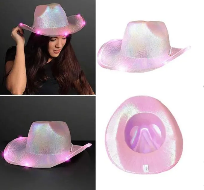 LED White Light Up Space Cowboy Hats Neon Cowgirl Hat Holographic Rave Fluorescent Hats With Adjustable Windproof Cord For Halloween Costume Accessories