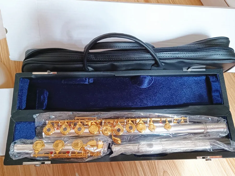 本物の写真日本YFL-481シルバーゴールドフルート楽器フルート17キーオープンクローズCチューンと電子キーフルートミュージックプロフェッショナルレザーバッグ貨物