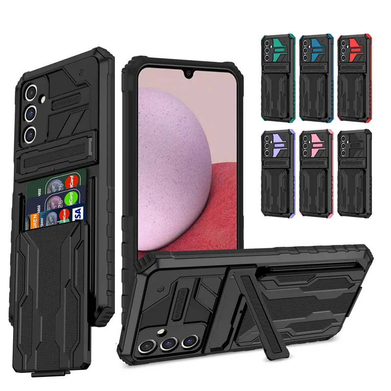 الحالات الفتحة من الدرجة العسكرية Slide Wallet Slot Case Armor Strackproof Stand for Samsung S23 Ultra Plus A04 A04E A04E A14 A24 A34 A54 A13 A23 A33 A53 A73 A12 A22 A32 A52 A72 A03 A03 A03 A03