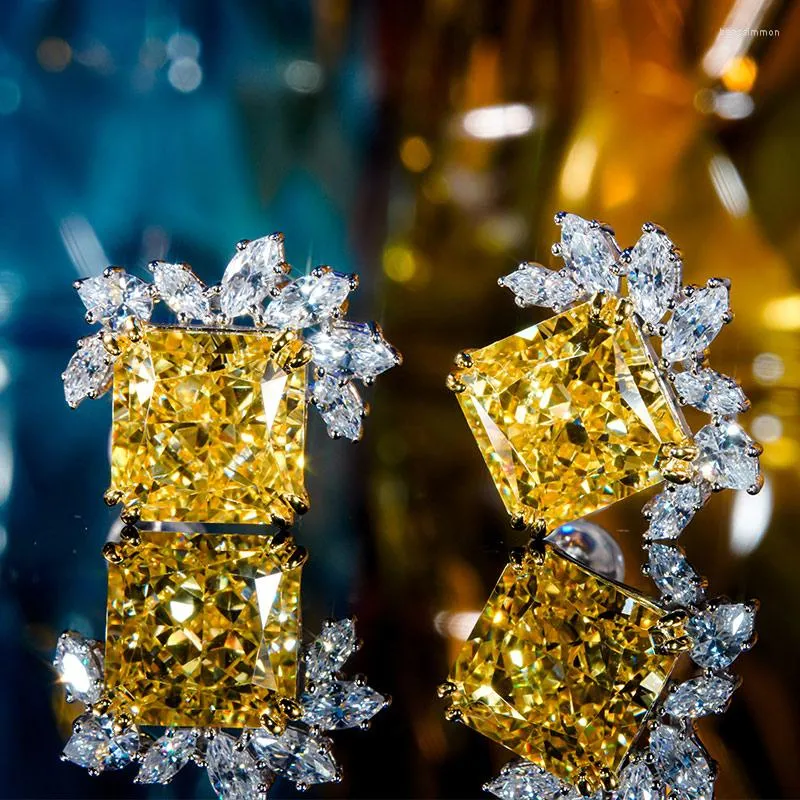 Pendientes colgantes 3 quilates topacio princesa 925 plata esterlina Stud cuadrado para mujeres diamante amarillo aniversario de boda joyería de buenos de lujo