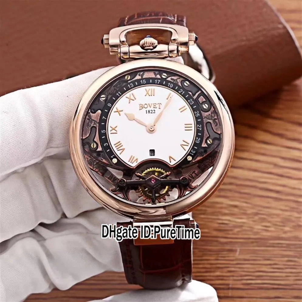 Nuevo Bovet Amadeo Fleurier Grand Complicaciones Virtuoso Esqueleto de oro rosa Esfera blanca Reloj para hombre Correa de cuero marrón Relojes deportivos 248w