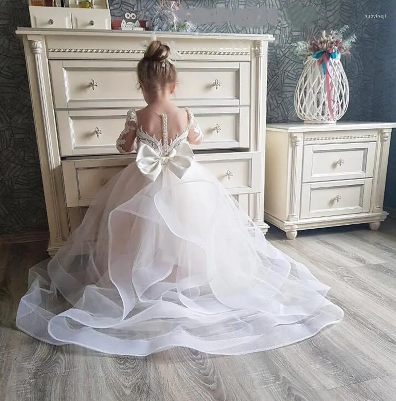 Mädchen Kleider Puffy Organza Blume Elfenbein Weiß Spitze Festzug Kleid Für Mädchen Erstkommunion Kleid Kinder Party Größe 1-14T