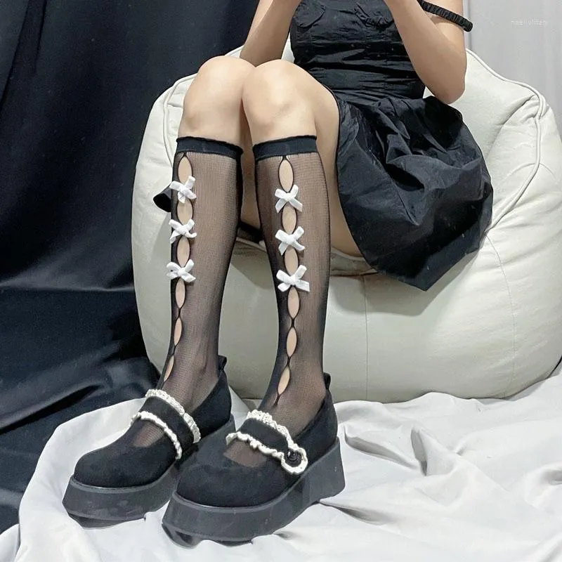 Women Socks Elastic Lolita Style Jk Long Lace Cute Bow Stockings Ladies Transparent Hollow Out Womens High Knee 2pairs