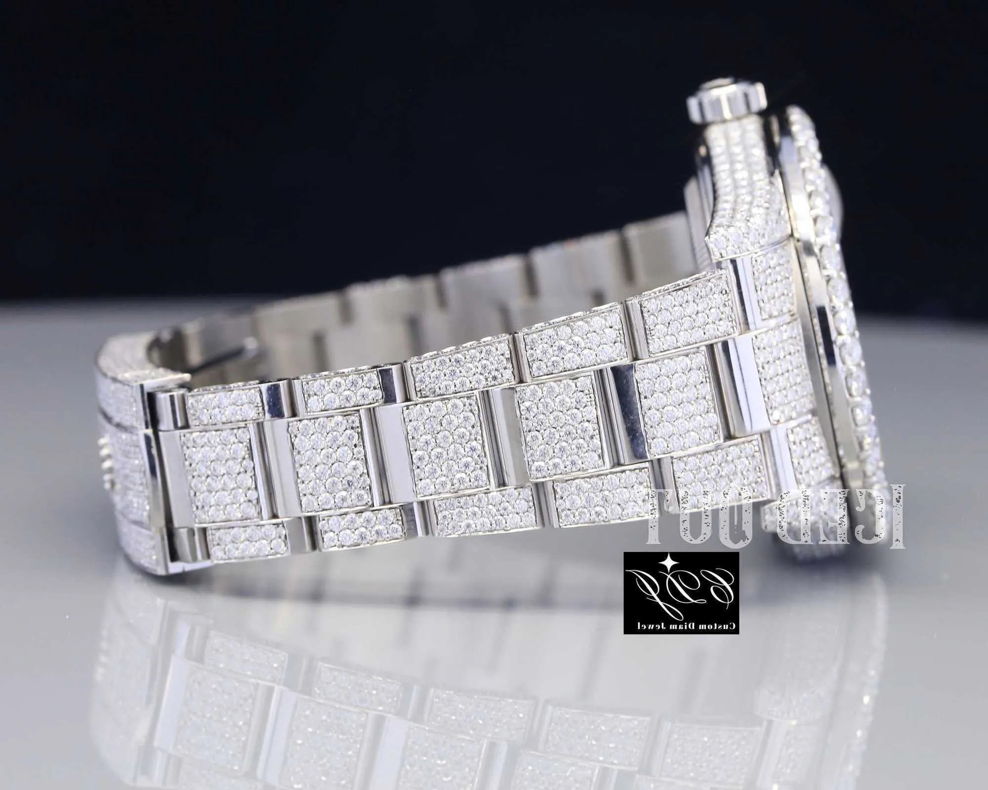 VVS Moissanite 다이아몬드 아이스 아웃 시계 라운드 아랍어 다이얼 럭셔리 버스트 다운 힙합 시계 스테인 스틸 Moissanite Watchle0jprr16MZQ