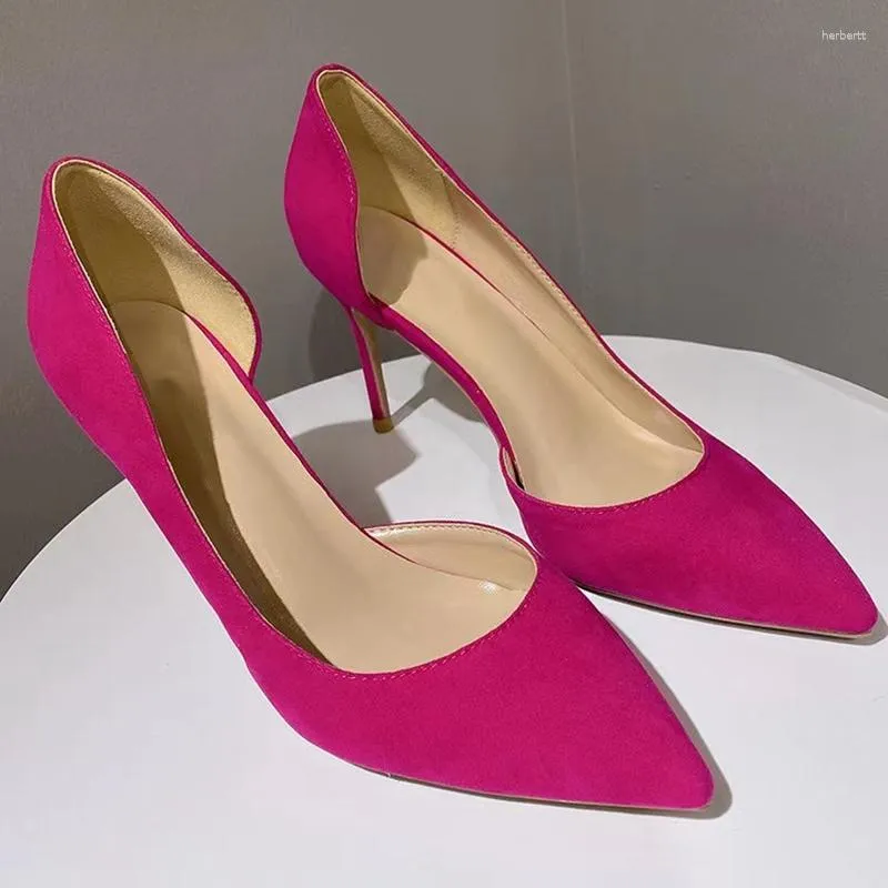 Sapatos de vestido rosa rosa mulheres rebanho pontudo dedo alto salto alto casamento senhoras elegante deslizamento em bombas de estilete