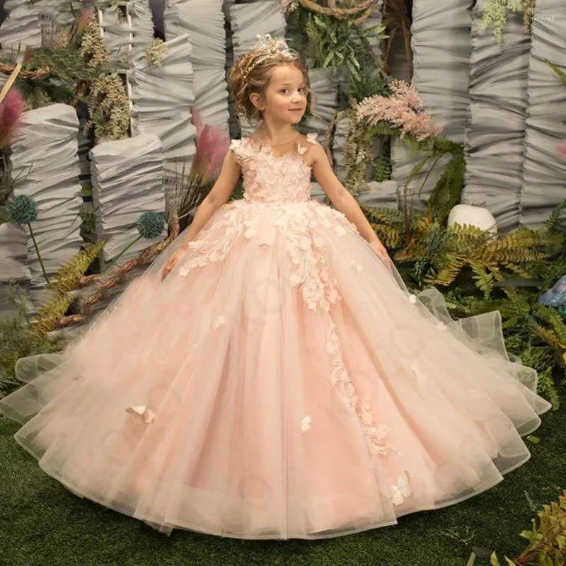 Girl Dresses Flower Dress Pink Fluffy Tulle Sleeveless Decal Wedding Elegant Little Child s First Eucharist Birthday Party