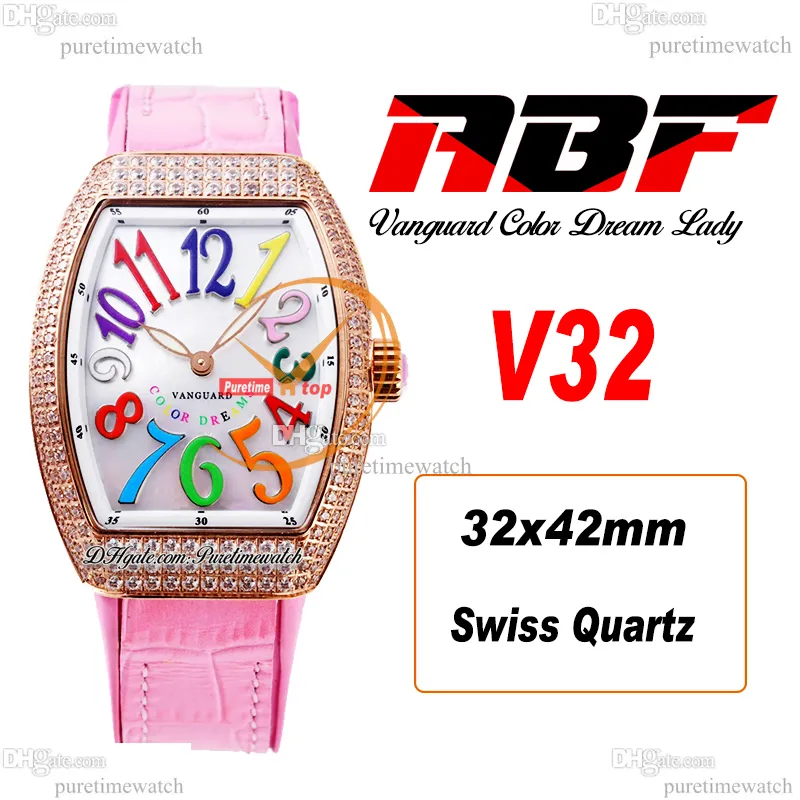 ABF V32 Vanguard Color Dream Montre à quartz suisse chronographe pour femme Boîtier en diamants Or rose Cadran MOP Cuir rose Lady Super Edition Reloj Hombre Puretime L12