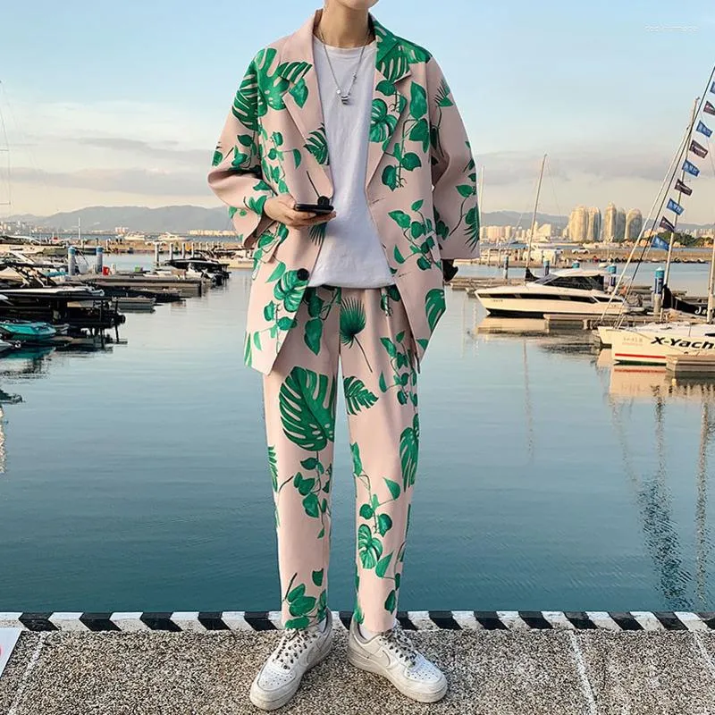 Men's Suits Summer Printed Suit Men Fashion Social Mens Dress Set Korean Loose Short Sleeve Blazer Pants Two Piece Casual Sets