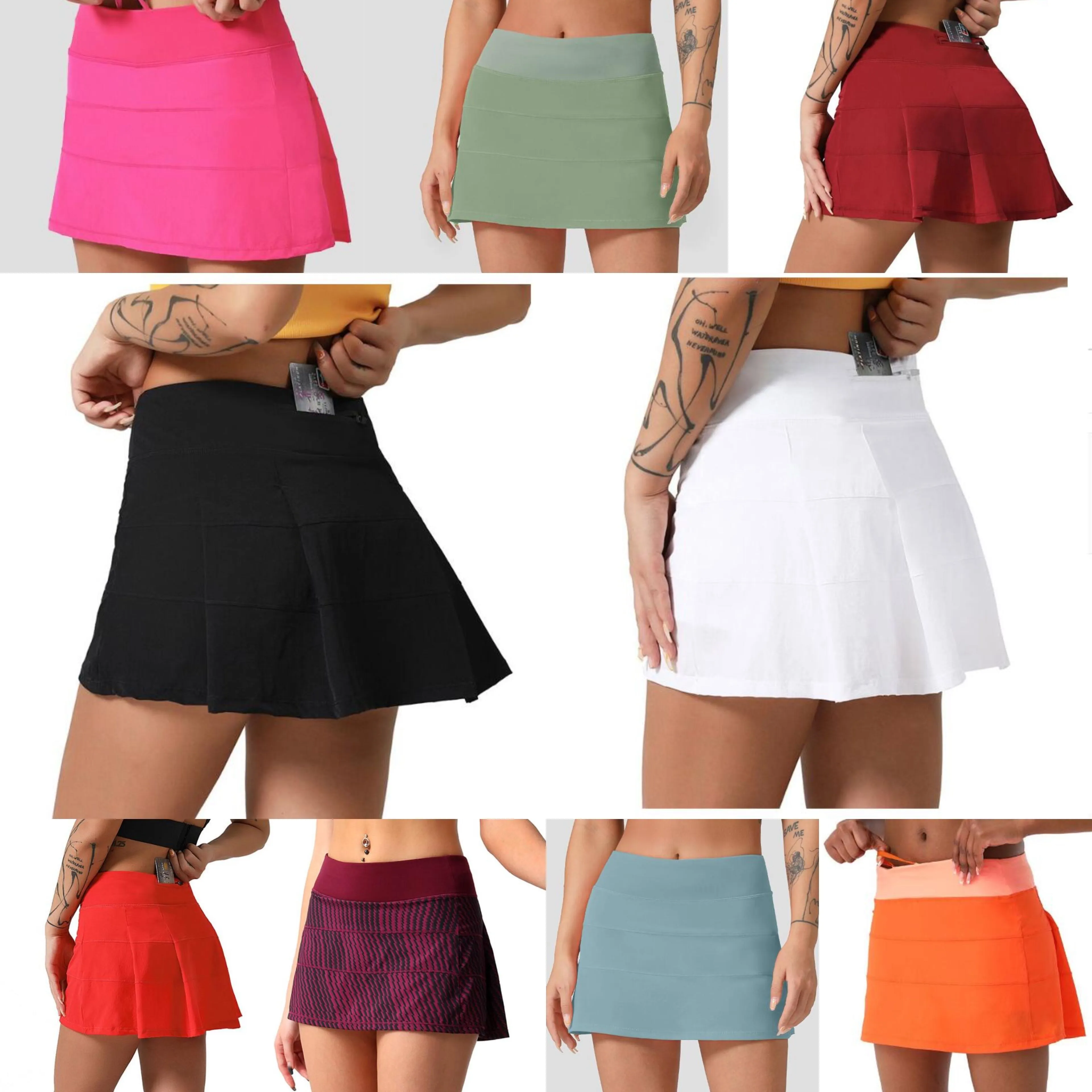 LU-383 Saias plissadas Roupas de ioga Tênis Golf Shorts esportivos com bolso interno Leggings femininas de secagem rápida Calças respiráveis para corrida, exercícios, fitness, roupas de ginástica